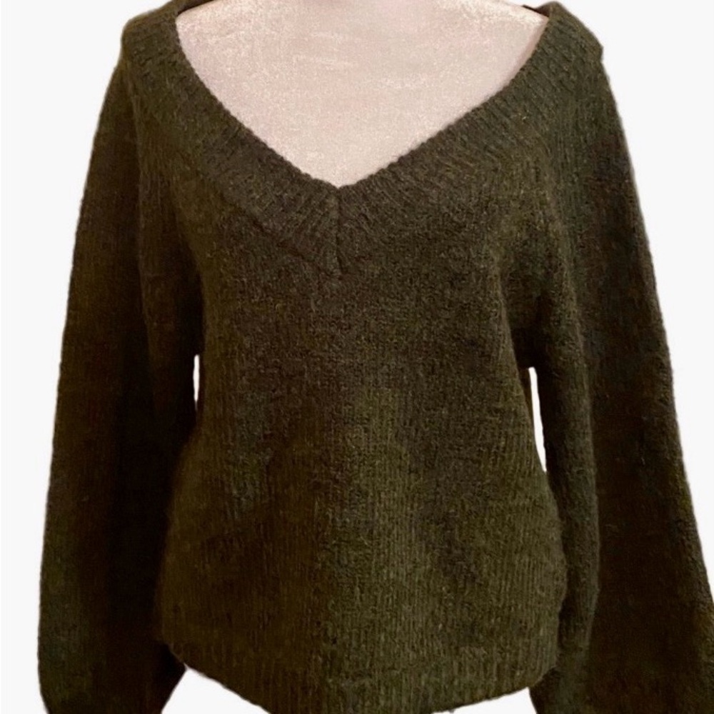 Jason Wu Dark Green Textured V-Neck Sweater Womens L NWT